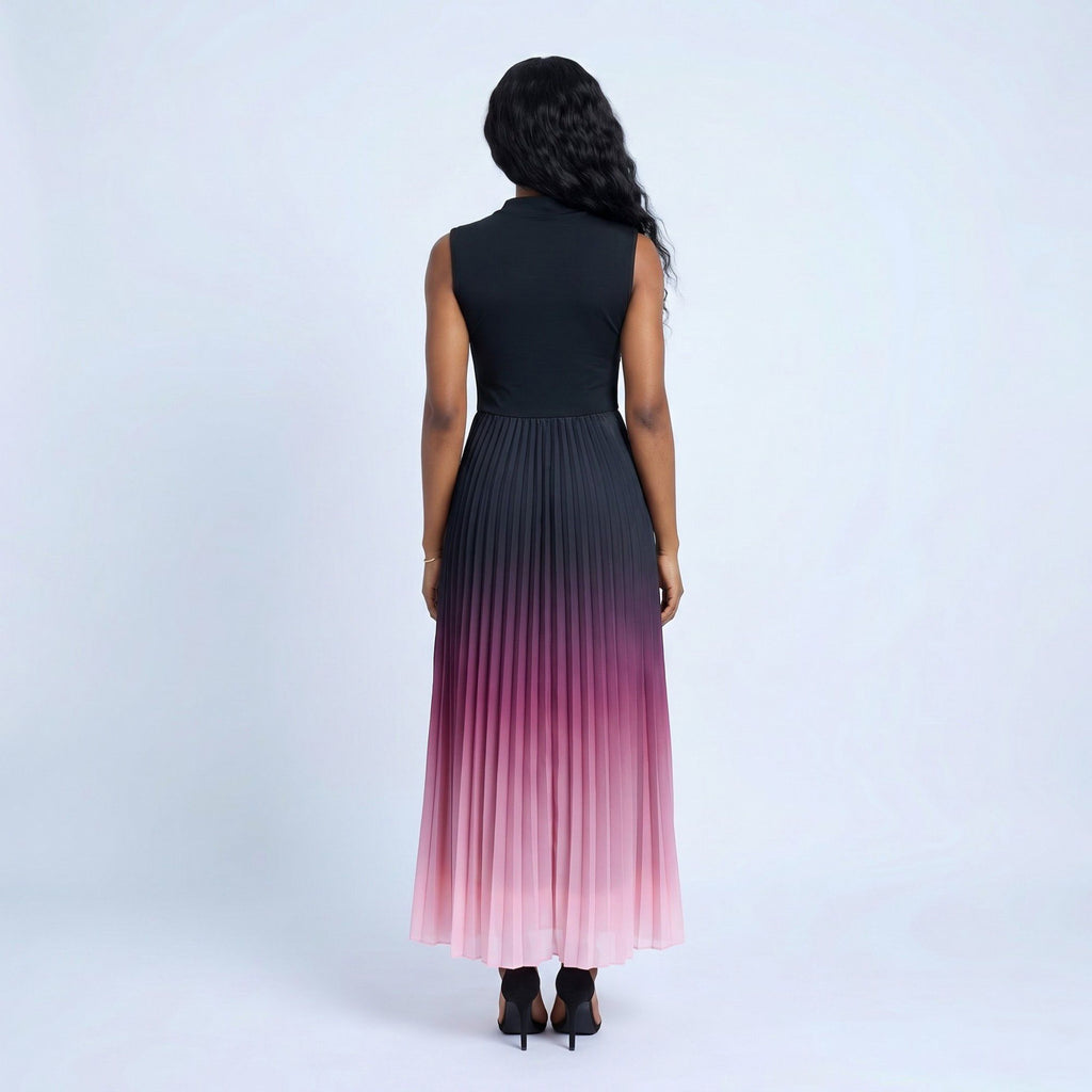 Anna-Kaci Women's Sleeveless High Neck Pleated Ombre A-Line Maxi Dress with Flowy Skirt