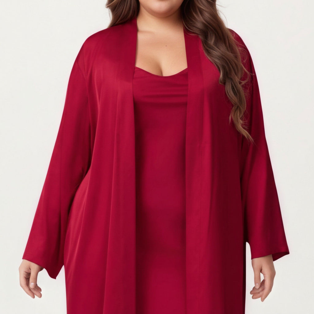 Anna-Kaci Lounge Women's Plus Size 2-Piece Satin Nightgown Set with Long Sleeve Open Front Robe Sleeveless Slip Dress Sleepwear