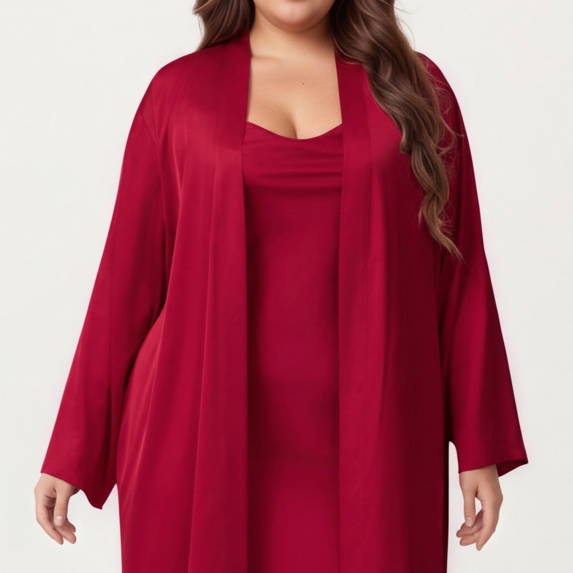 Anna-Kaci Lounge Women's Plus Size 2-Piece Satin Nightgown Set with Long Sleeve Open Front Robe Sleeveless Slip Dress Sleepwear