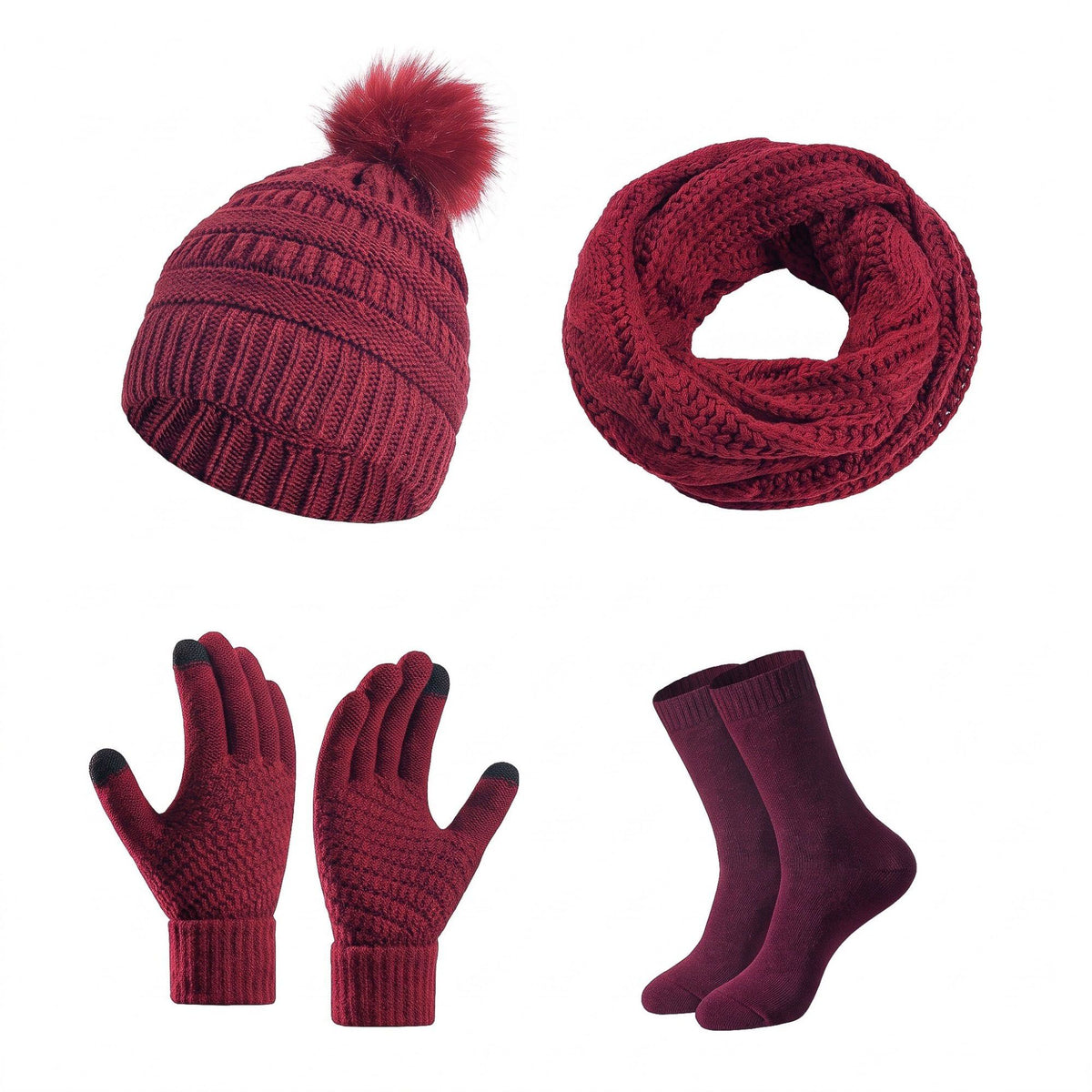 4 Piece Knit Winter Hat Scarf Touchscreen Gloves and Socks Set