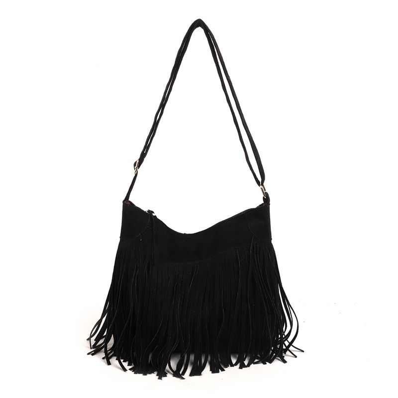 Women's Suede Look Fringe Crossbody Shoulder Bag with Adjustable Strap