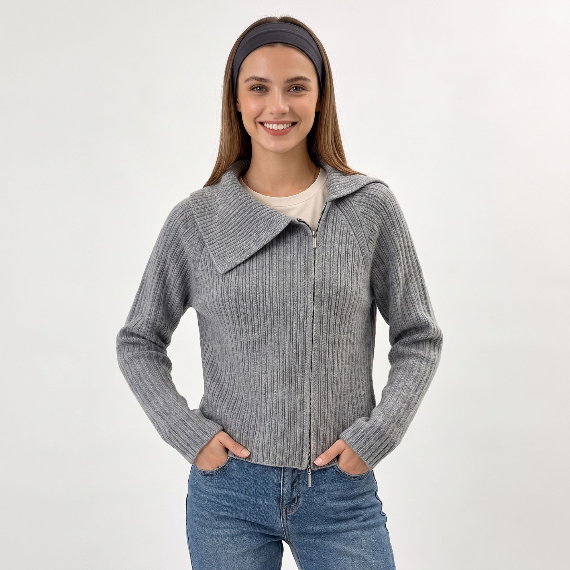 Ribbed Wide Collar Zip-Front Cardigan Sweater