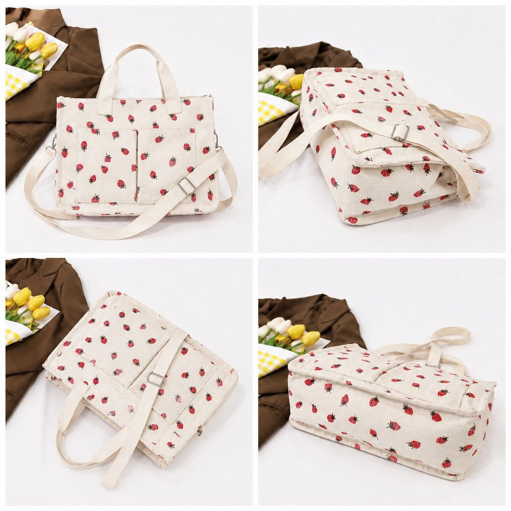 Canvas Strawberry Print Tote Bag with Shoulder Strap and Side Pockets