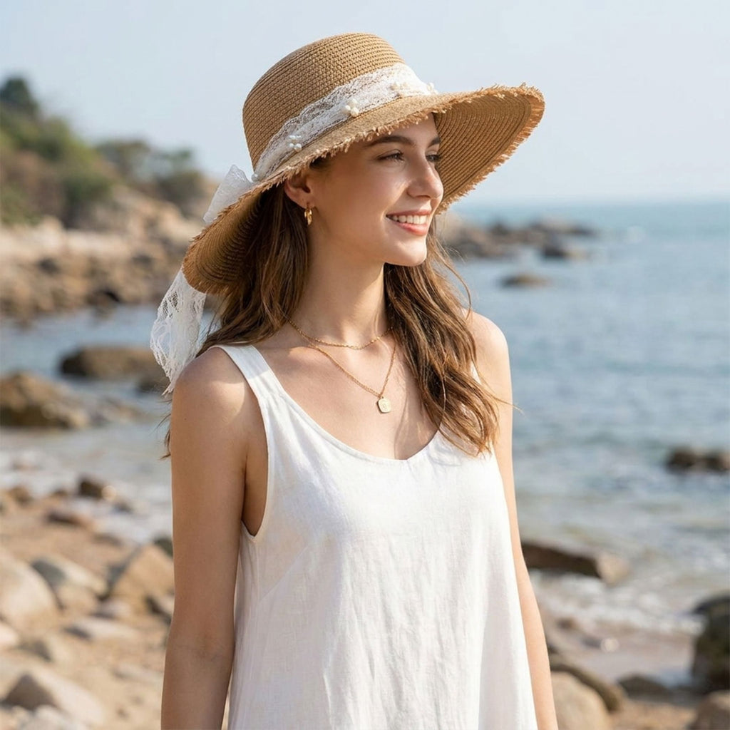 Wide Brim Sun Hat with Lace Band and Frayed Edge