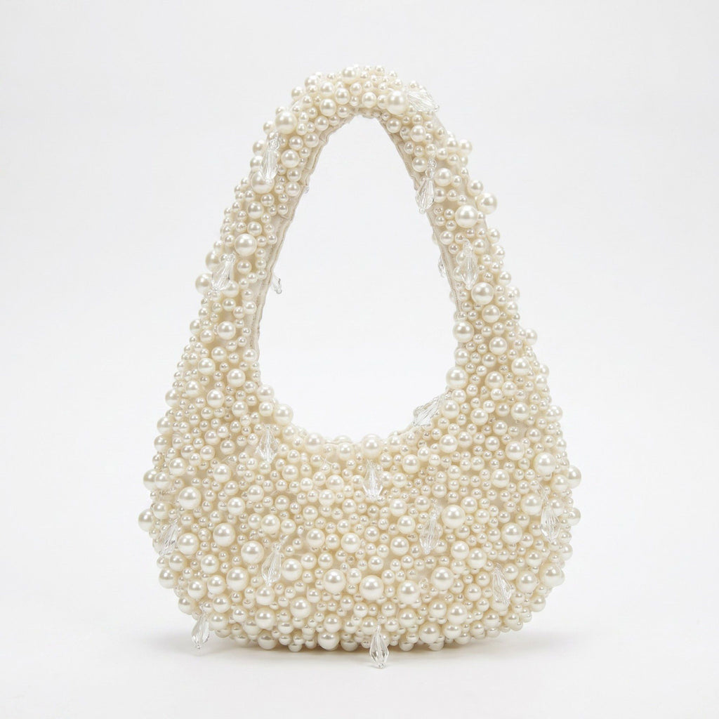 Faux Pearl Embellished Shoulder Bag with Crystal Accents Hand Beaded Crescent Handbag 10x2x13.7 in