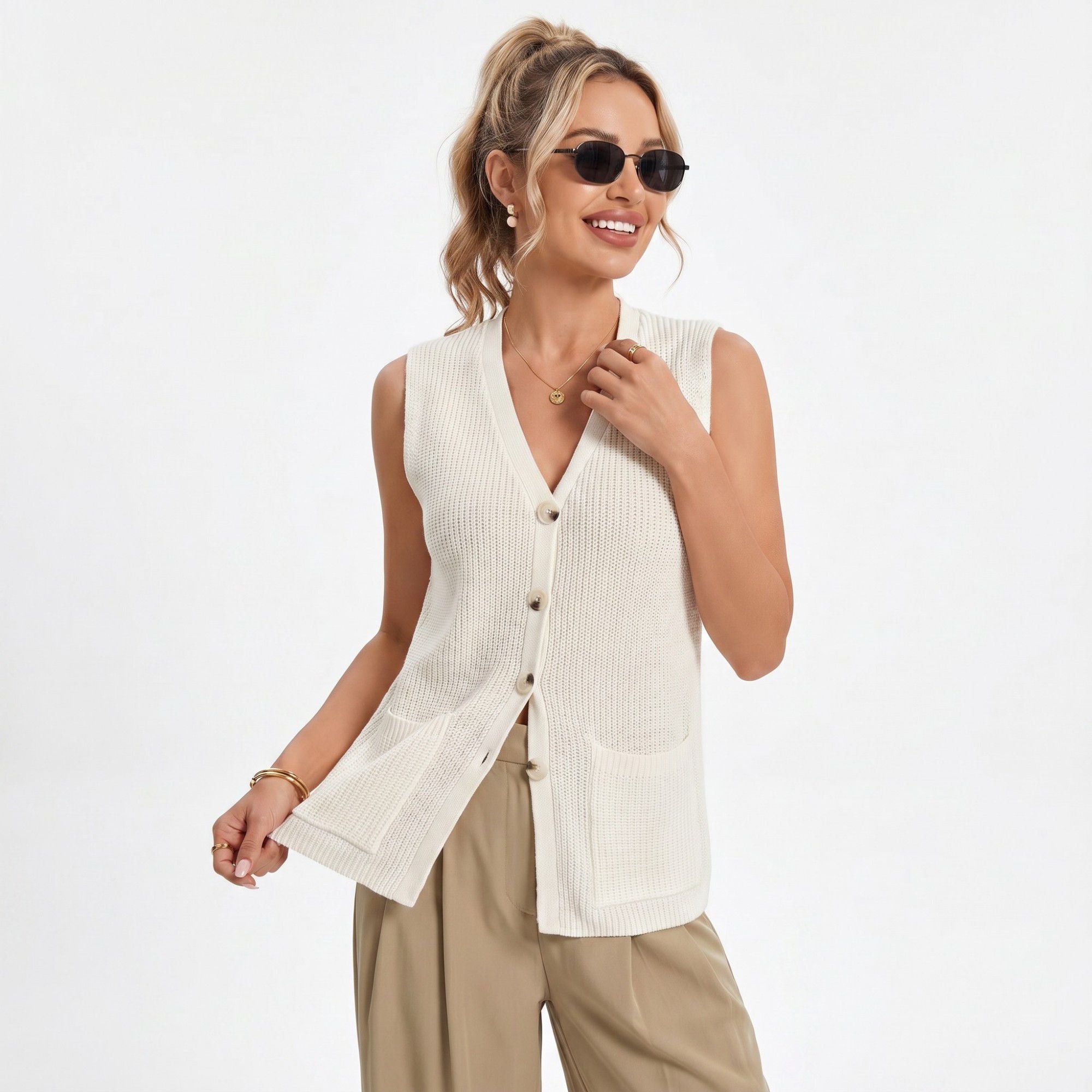 Anna-Kaci Women's Button Front Sweater Vest V Neck Sleeveless Knit Pocket Top