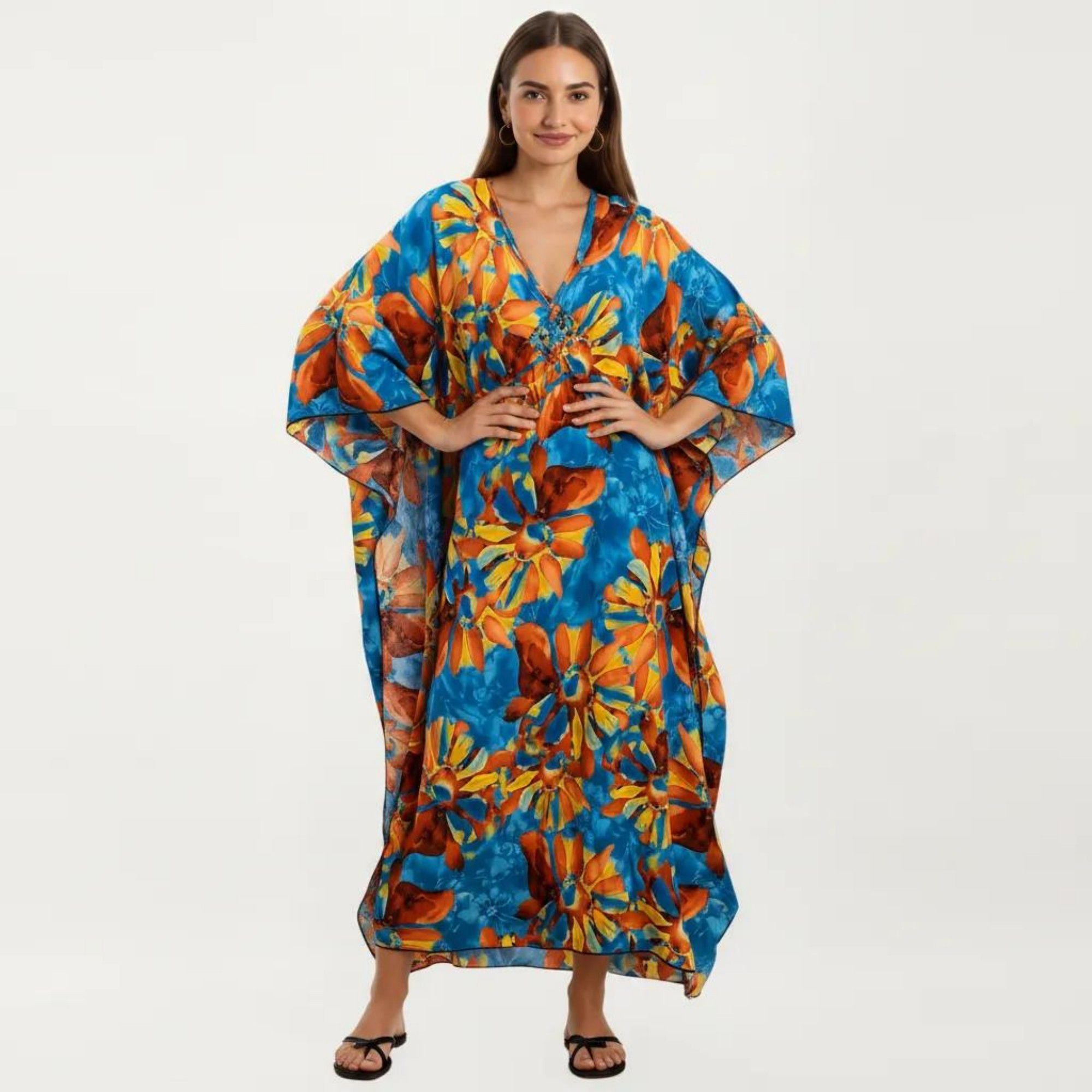 Anna-Kaci Women's Floral Print Kaftan Maxi Dress with V-Neck Button Front and Flowy Batwing Sleeves