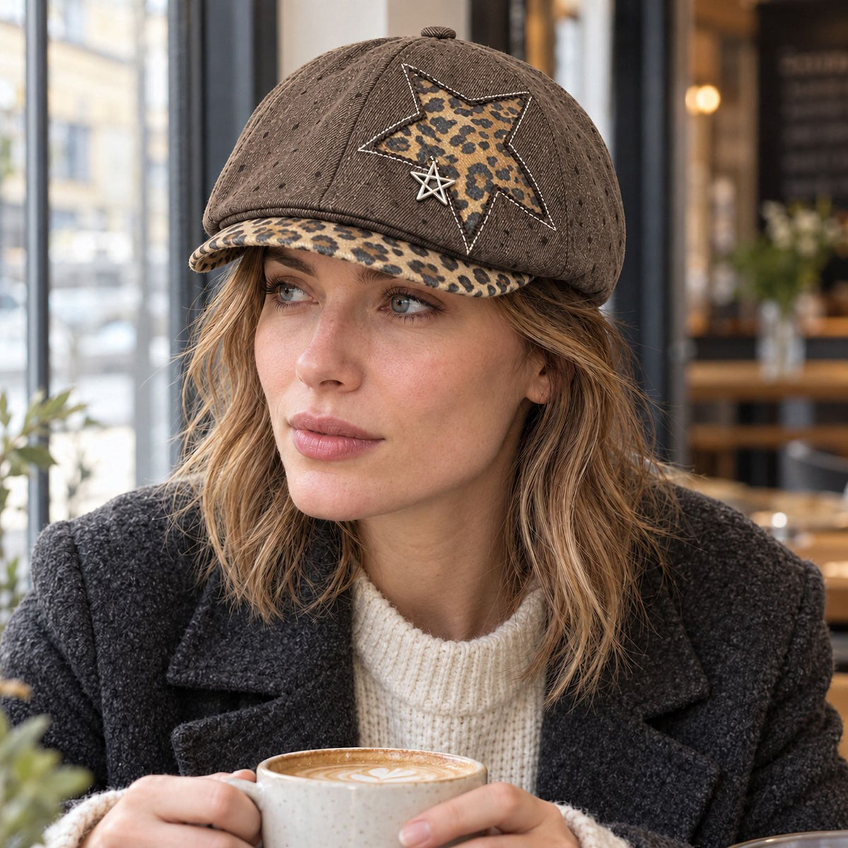 Polka Dot Newsboy Cap with Leopard Print Star and Charm