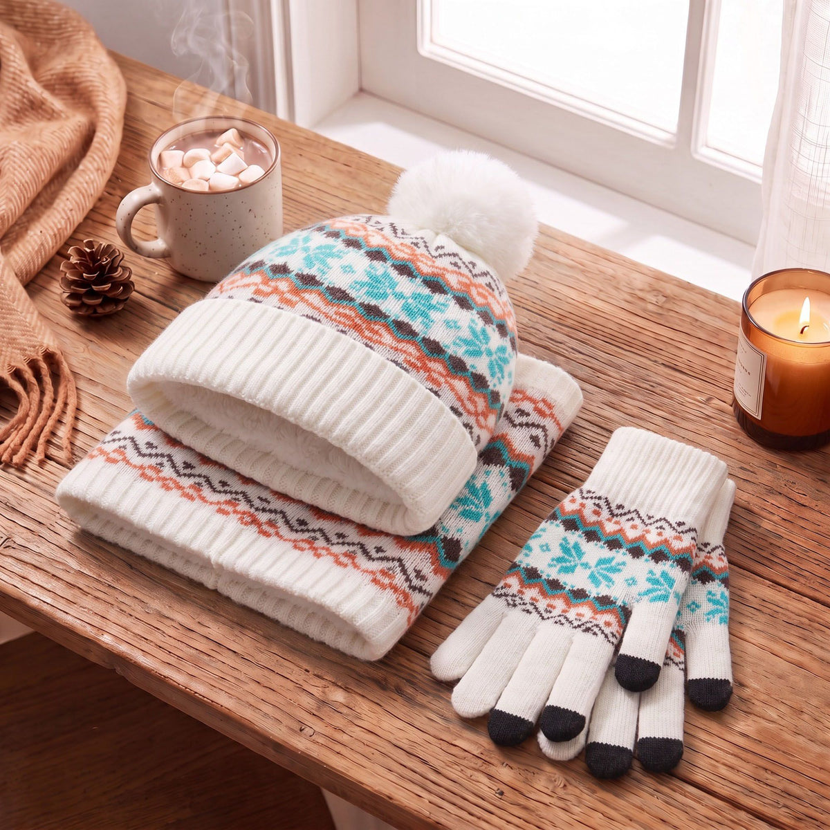 3 Piece Fair Isle Pom Beanie Neck Warmer and Gloves Set