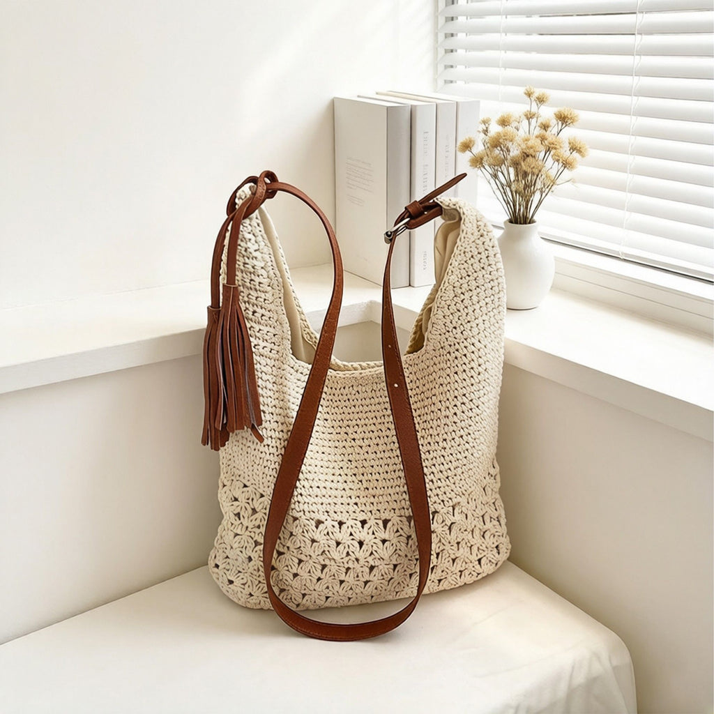 Crochet Hobo Shoulder Bag with Tassel Detail Adjustable Strap Slouchy Knit Handbag Lightweight Casual Tote