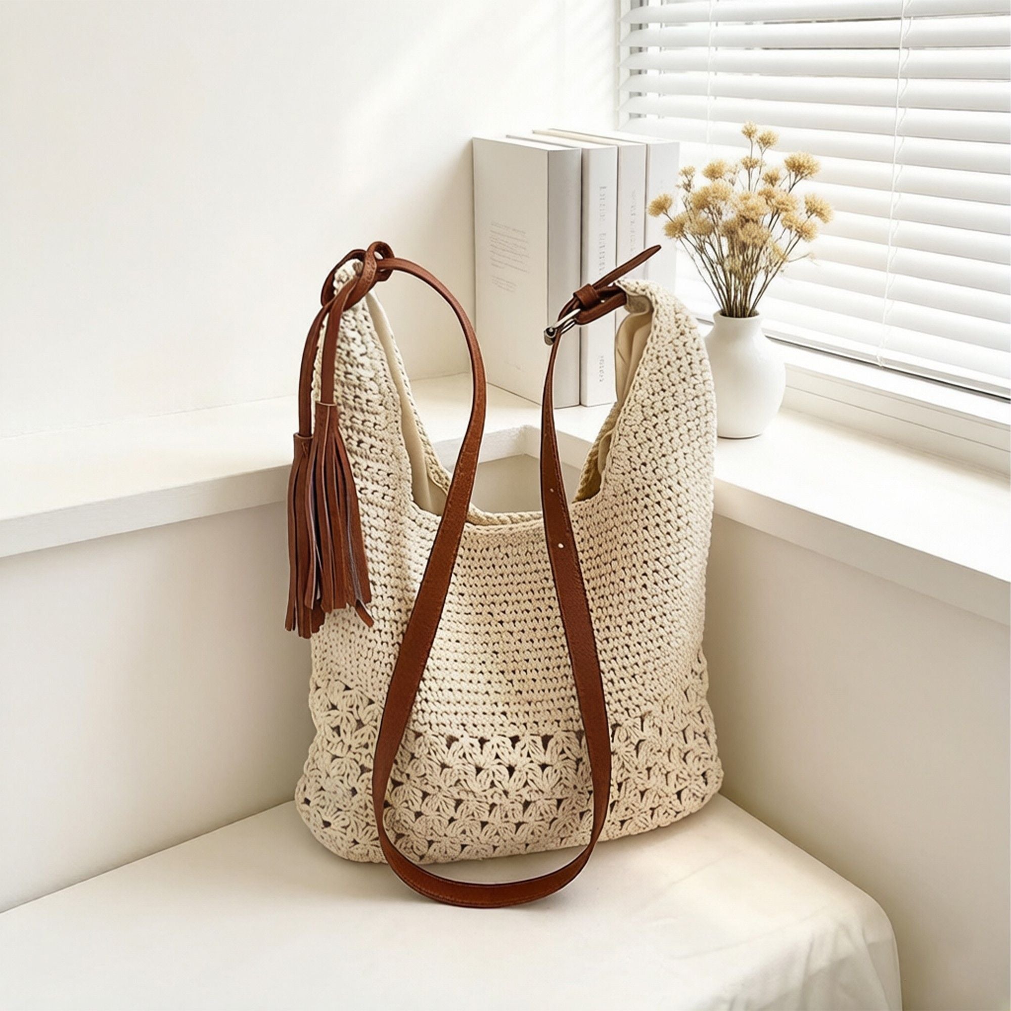 Crochet Hobo Shoulder Bag with Tassel Detail Adjustable Strap Slouchy Knit Handbag Lightweight Casual Tote