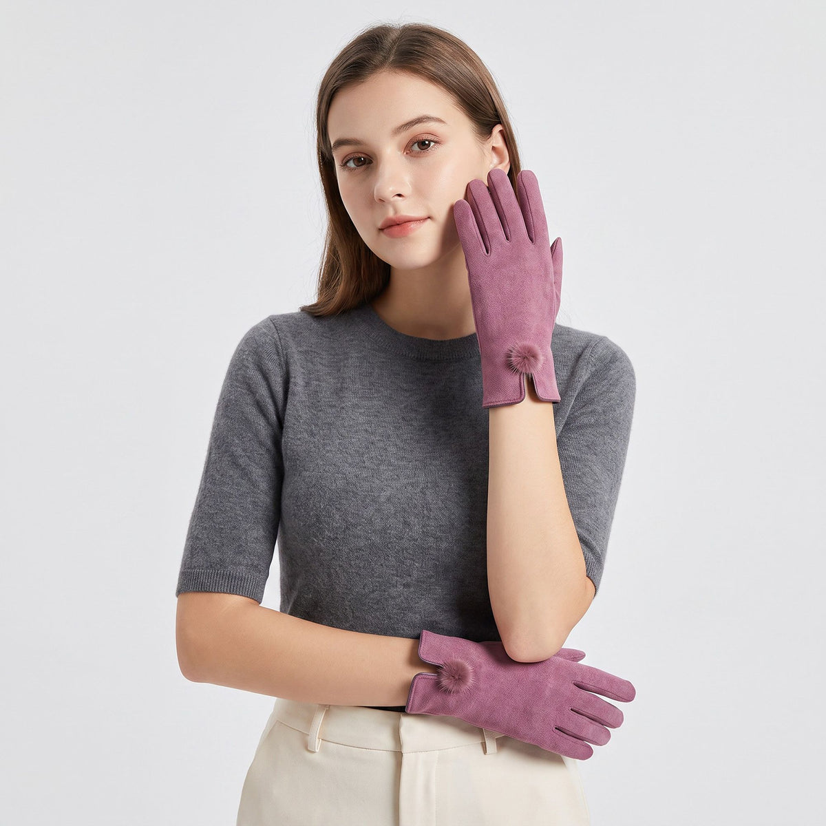 Pom Pom Detail Full Finger Gloves with Soft Textured Finish