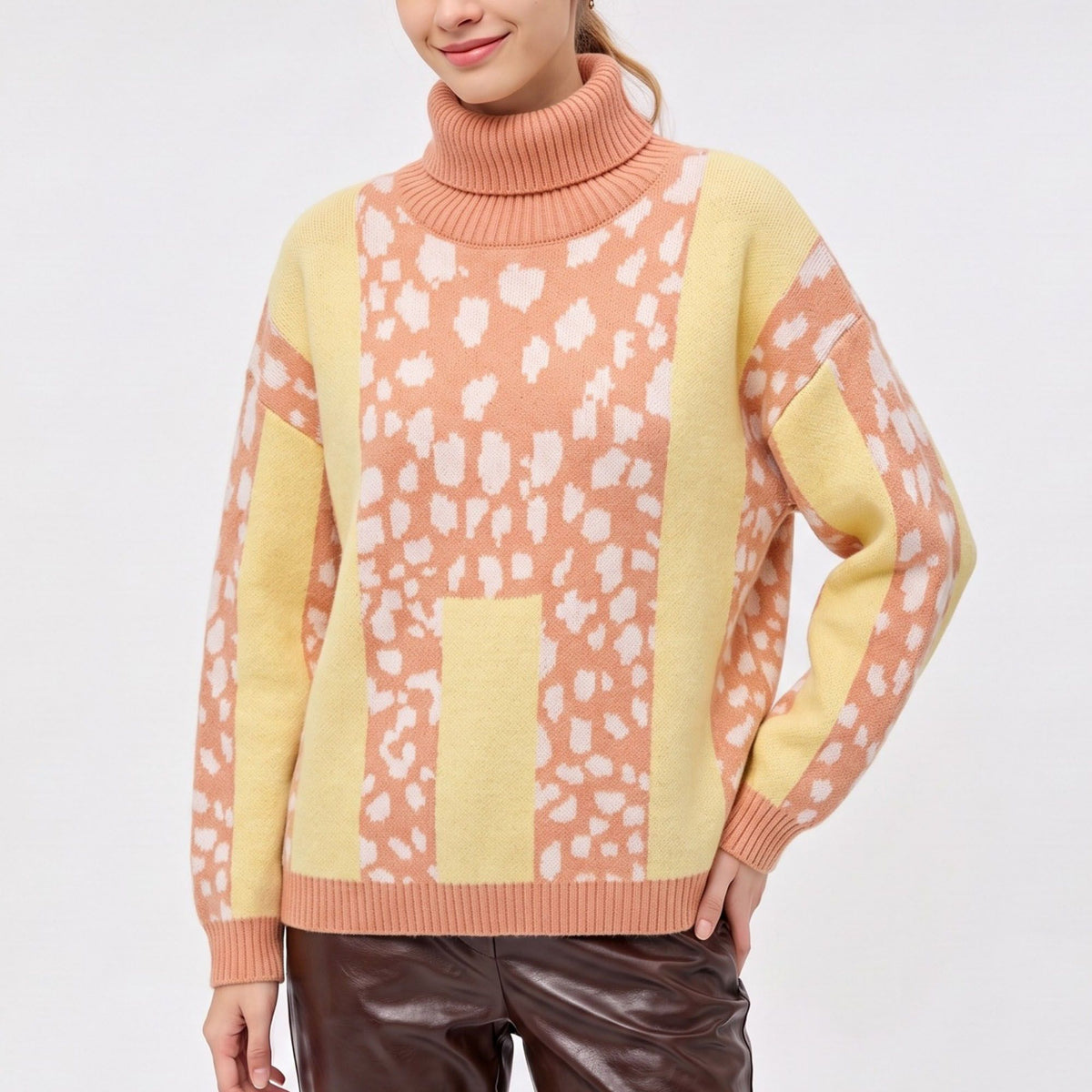 Animal Print Color Block Turtleneck Sweater