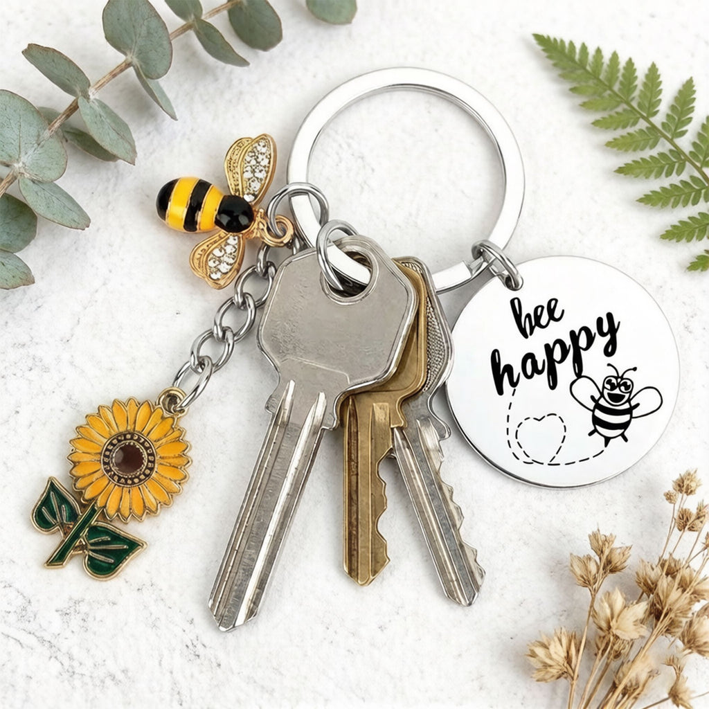 2 Pack Bee Happy Sunflower Keychain with Bee Charm Round Tag and Key Ring Bag Accessory