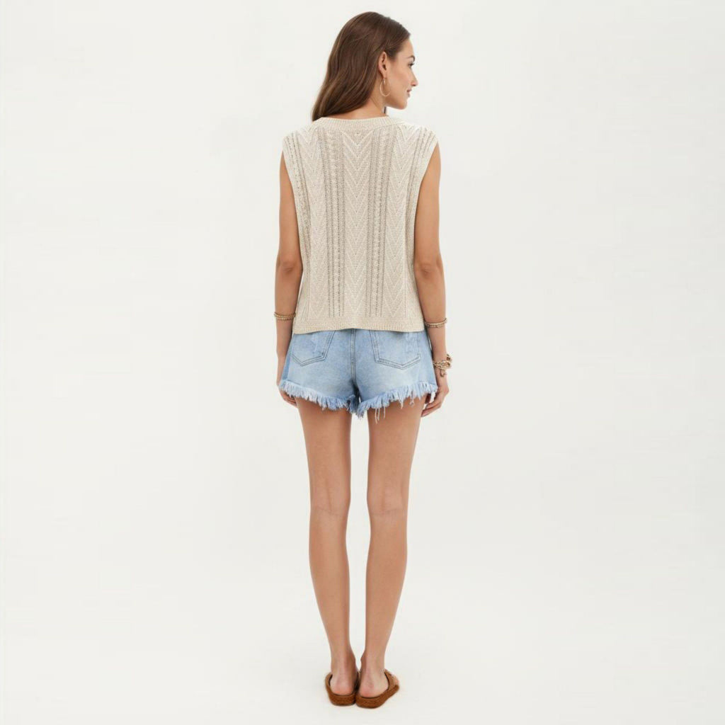 Anna-Kaci Women's Sleeveless Cable Knit Top with Crew Neck and Ribbed Hem