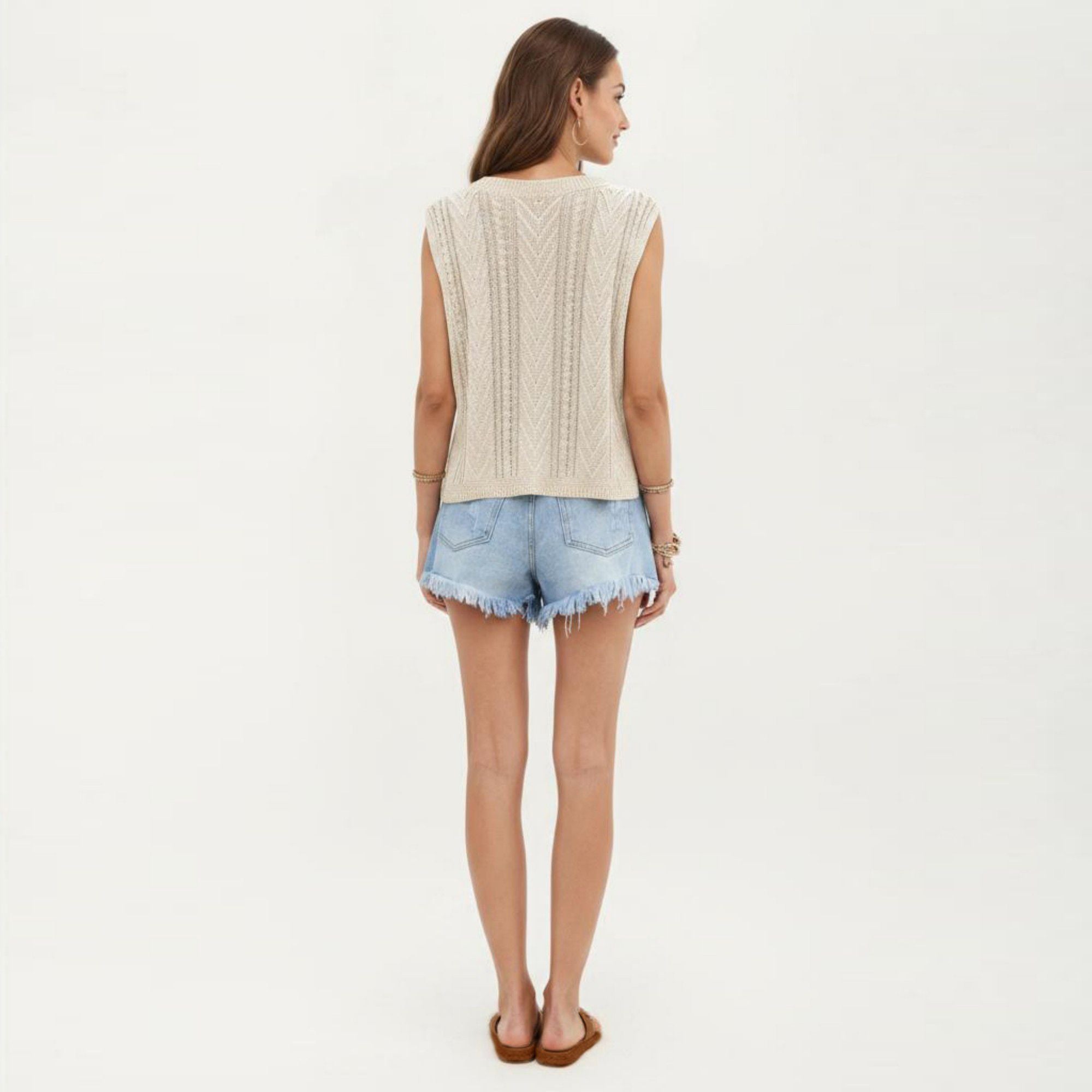 Anna-Kaci Women's Sleeveless Cable Knit Top with Crew Neck and Ribbed Hem