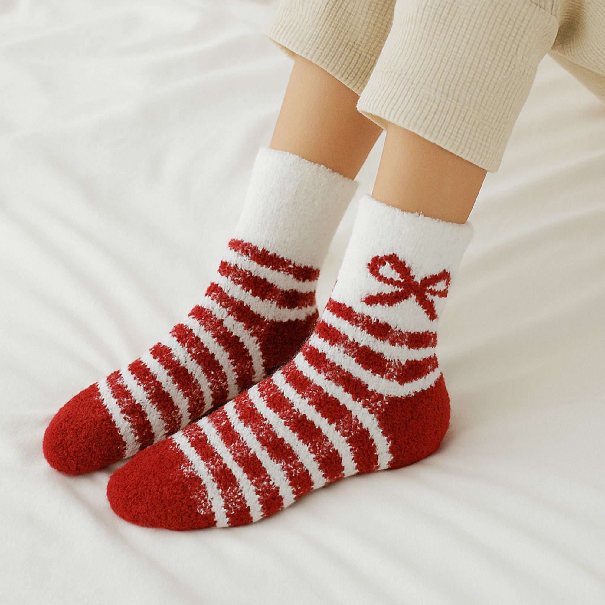 Anna-Kaci 3-Pair Fuzzy Bow Knit Crew Socks Set with Plush Soft Texture, Stretchy Cozy Fabric, and Graphic Bow Pattern for Gifting