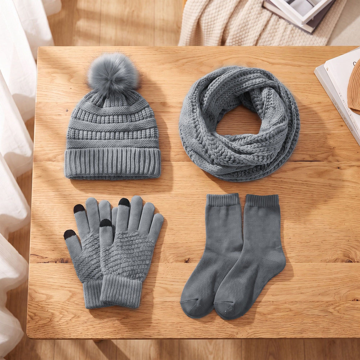 4 Piece Knit Winter Hat Scarf Touchscreen Gloves and Socks Set