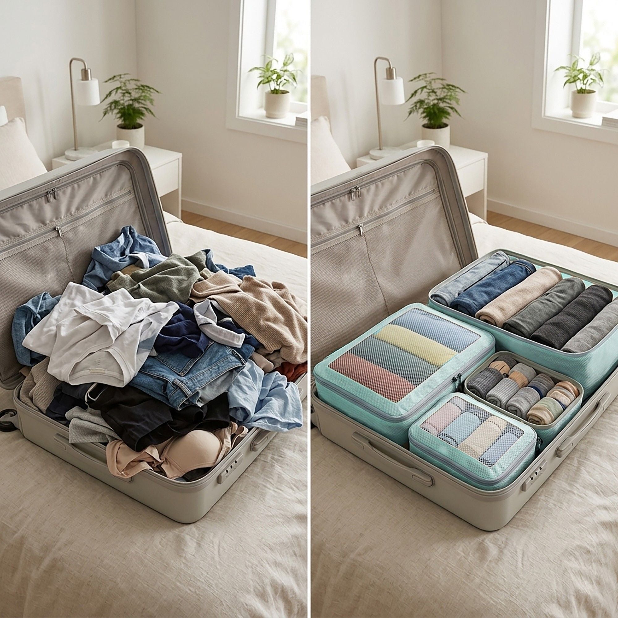 Travel Packing Cubes Set with Mesh Front Panel Zipper Storage Bags Lightweight Luggage Organizer Multi Size Set