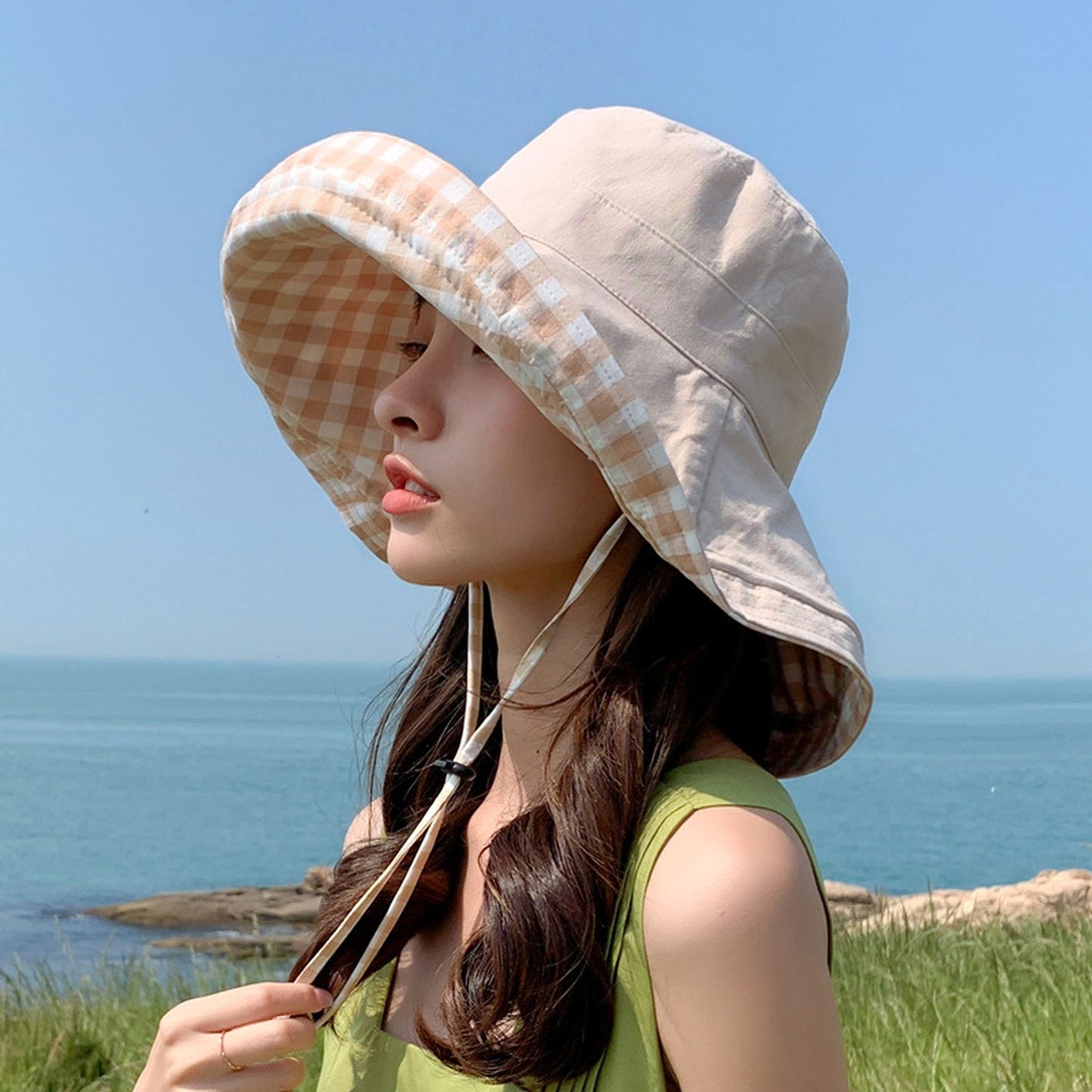 Anna-Kaci Women's Reversible Checkered Bucket Hat with Chin Strap