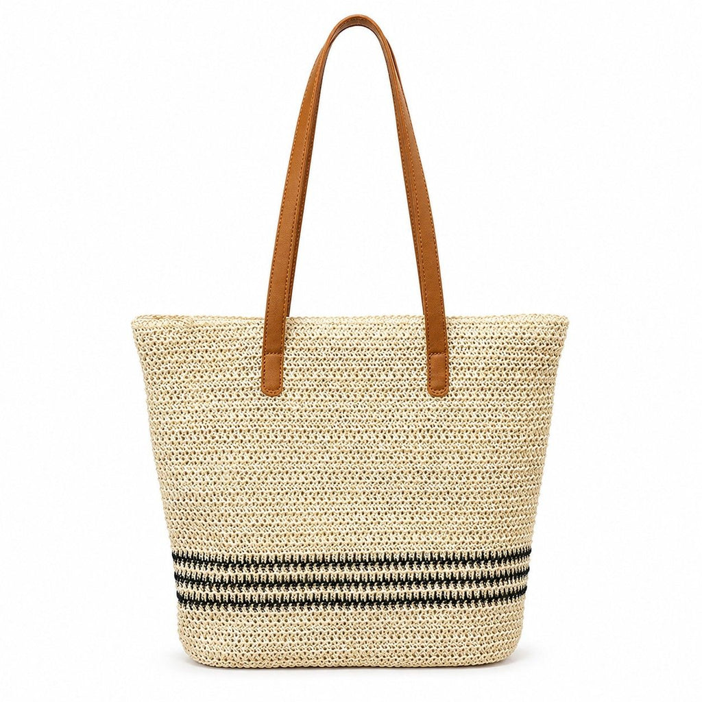 Striped Woven Tote Bag with Zip Closure Shoulder Handles and Interior Pocket