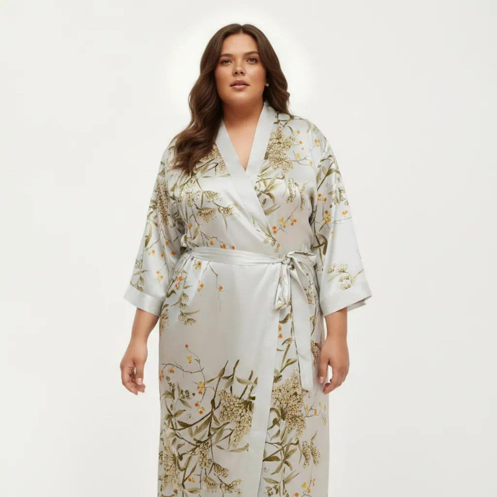 Anna-Kaci Lounge Women's Plus Size Satin Floral Kimono Robe with Self Tie Belt Longline Open Front Lightweight Sleepwear