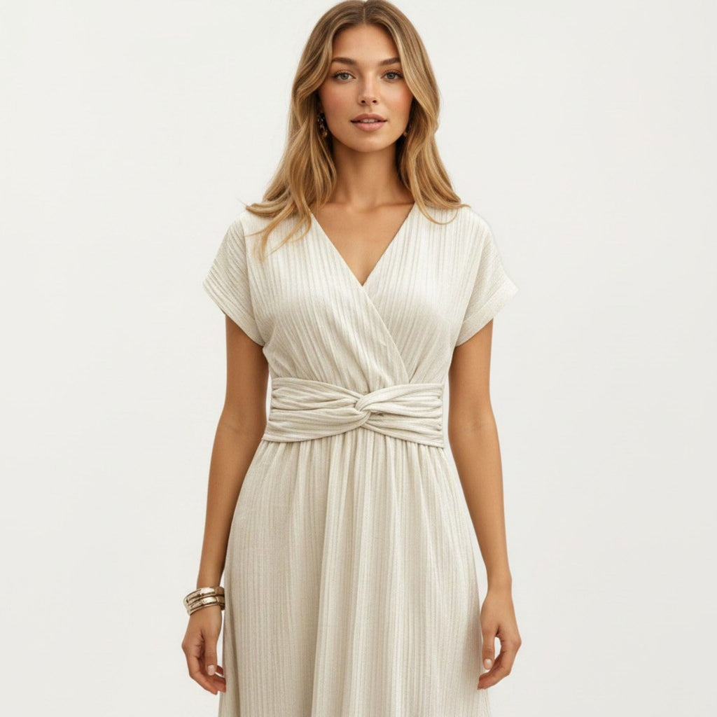 Anna-Kaci Women's Short Sleeve Midi Dress with Wrap V Neck Twist Front Waist Detail Textured Knit Flowy Fit