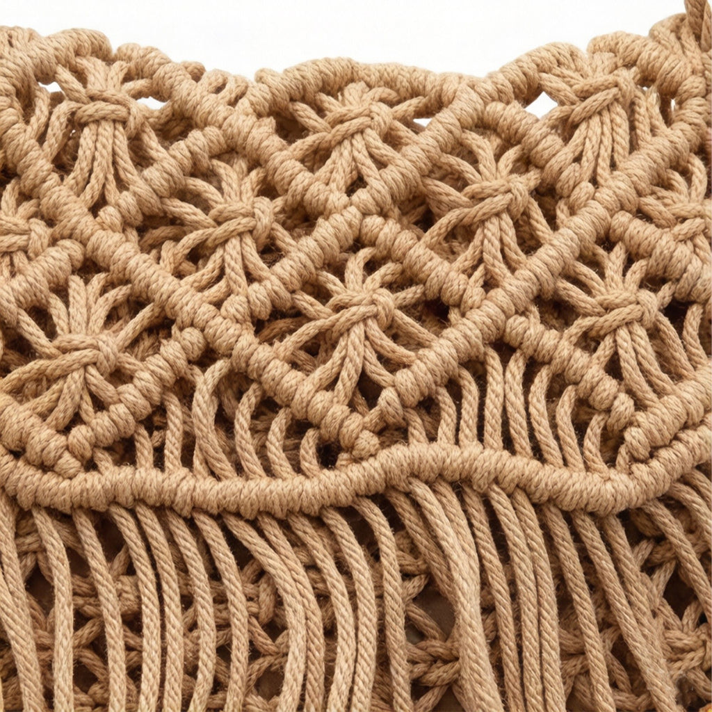 Macrame Fringe Shoulder Bag Knotted Rope Crossbody Handbag Boho Woven Tassel Bag Lightweight Handmade Style Purse