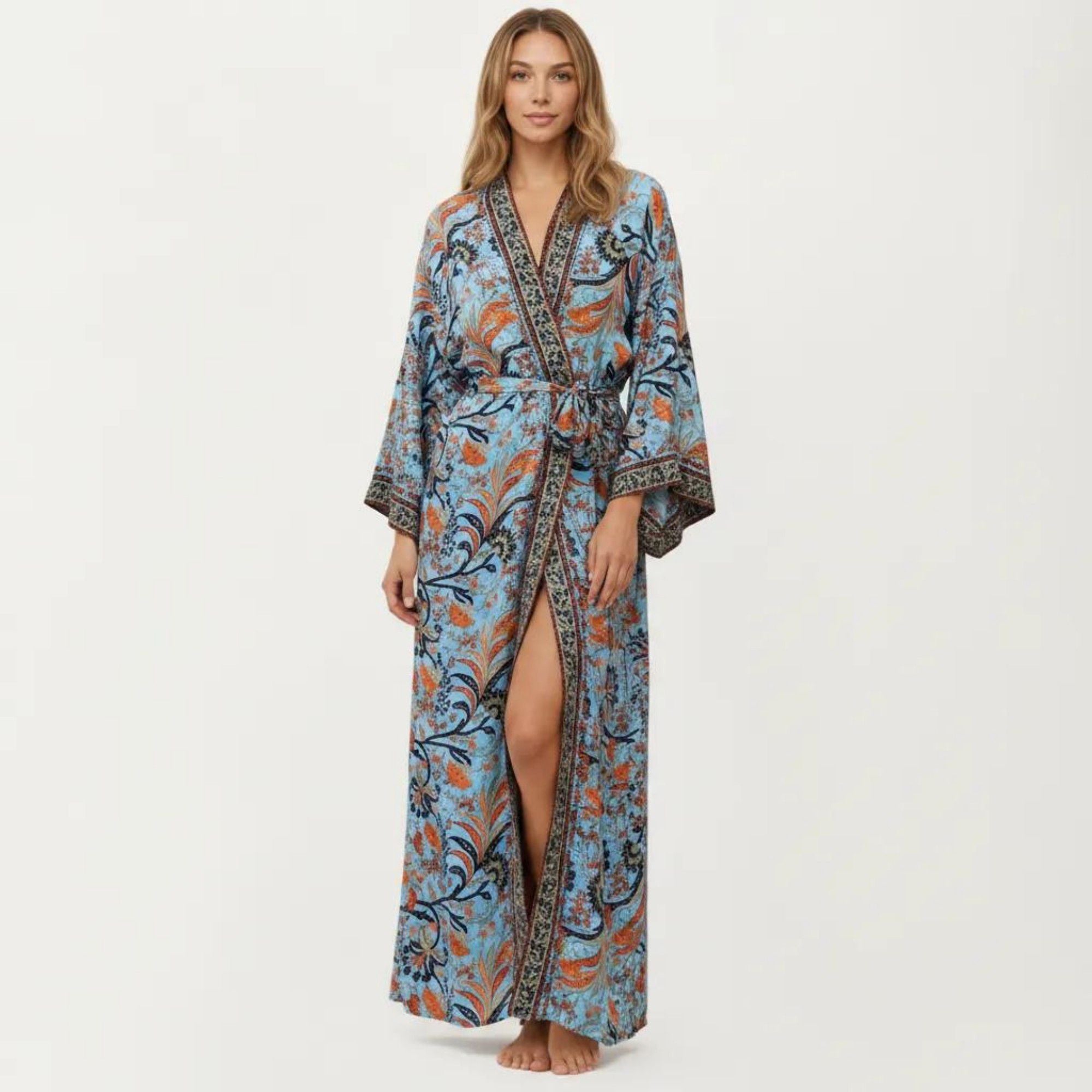 Anna-Kaci Women's Floral Paisley Maxi Dress with Long Sleeves Adjustable Waist Tie and Flowing Relaxed Fit