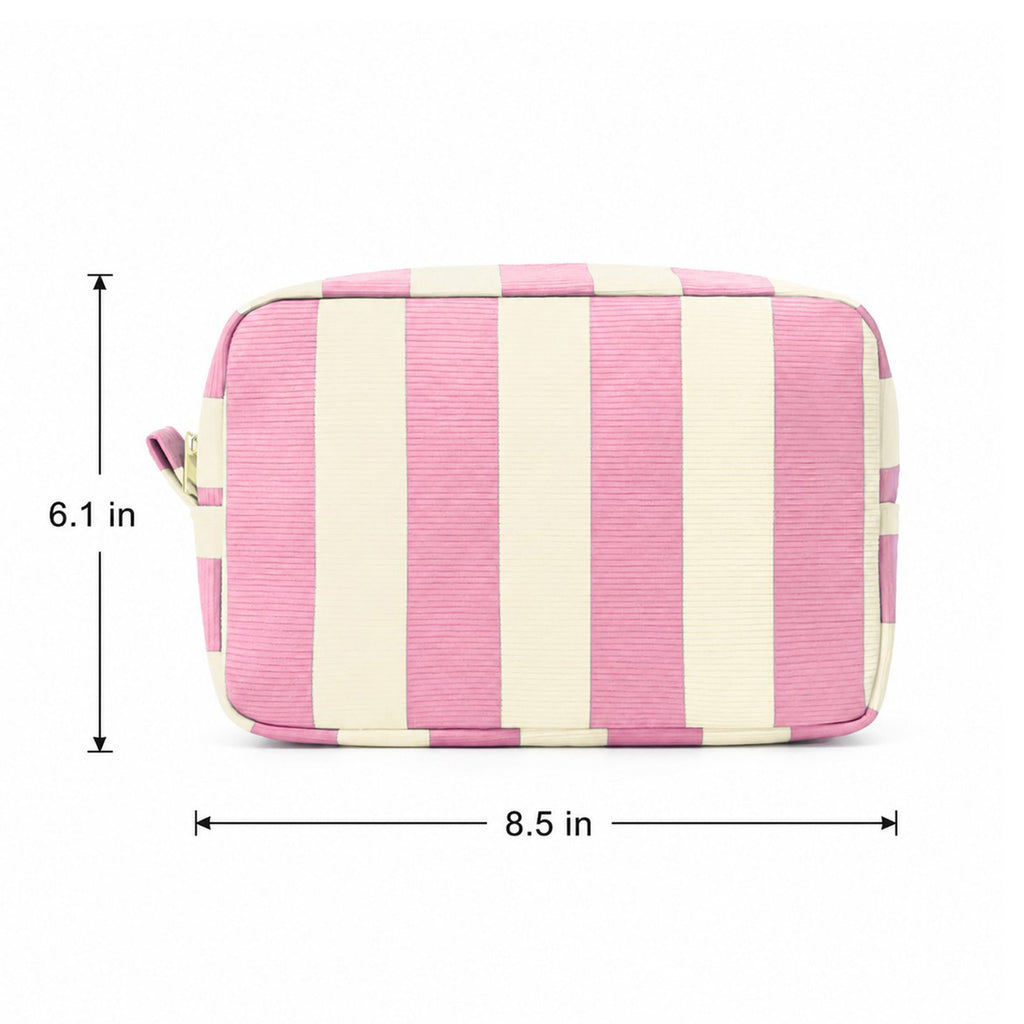 Striped Corduroy Cosmetic Pouch Makeup Bag with Zip Closure