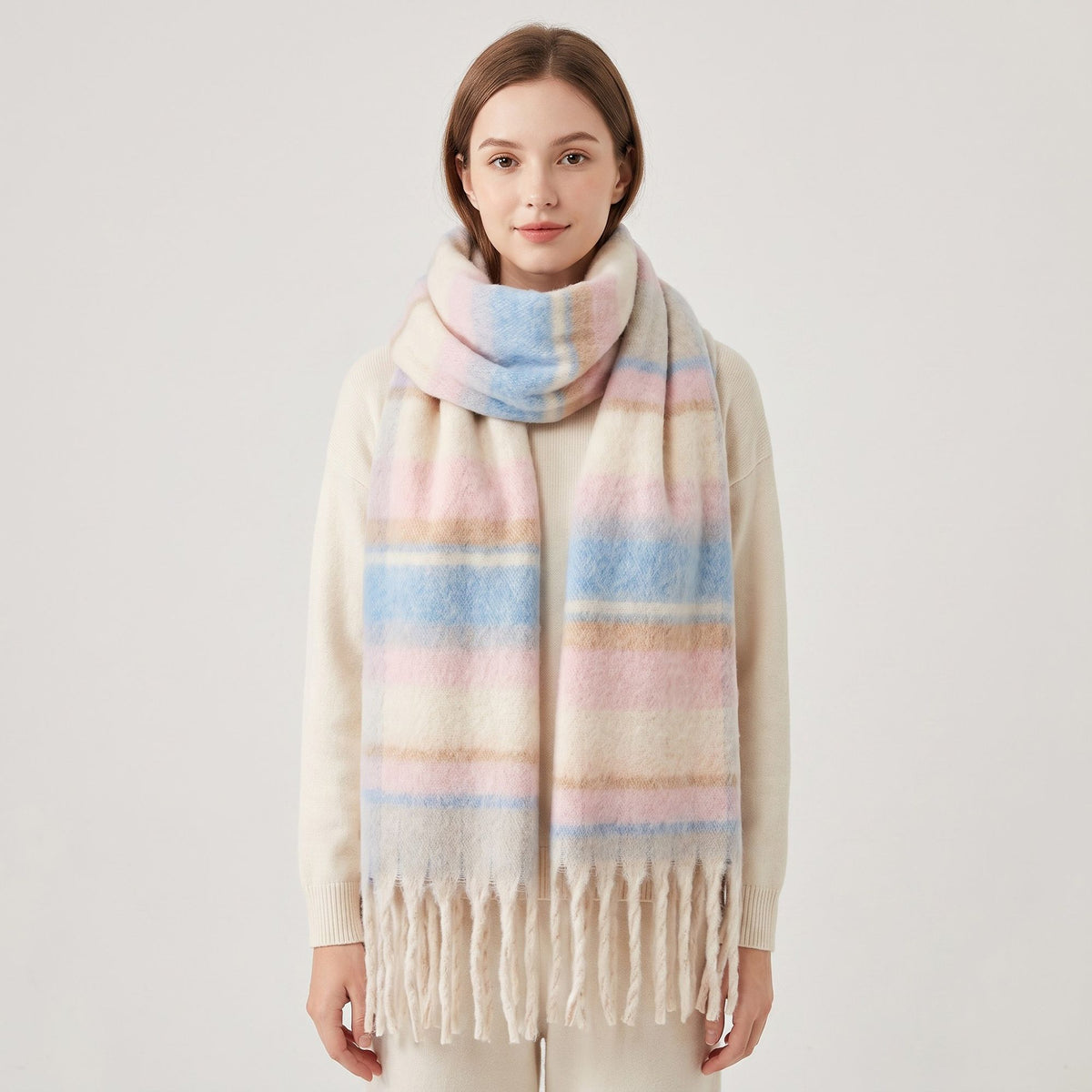 Oversized Plaid Scarf with Fringe Soft Brushed Winter Wrap