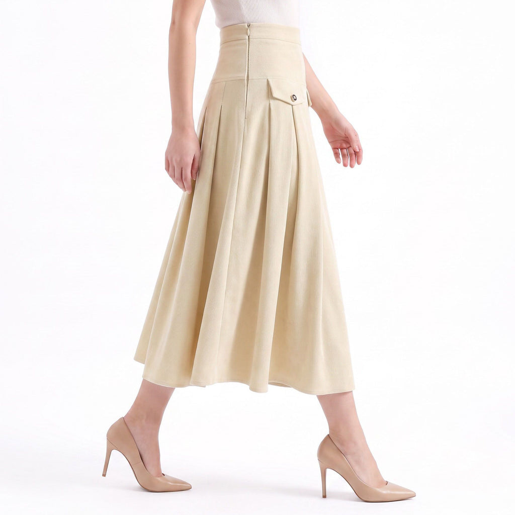 High Waist Pleated Midi Skirt A Line Flap Pocket Detail Textured Skirt