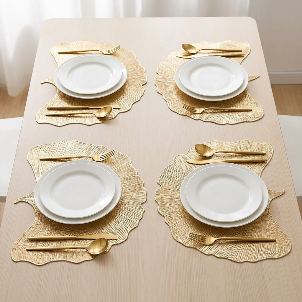 4-Pack Metallic Ginkgo Leaf PVC Placemats Heat Resistant Textured Table Mats