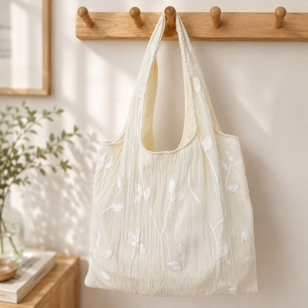 Embroidered Leaf Shoulder Tote Bag Lightweight Foldable Everyday Bag for Women