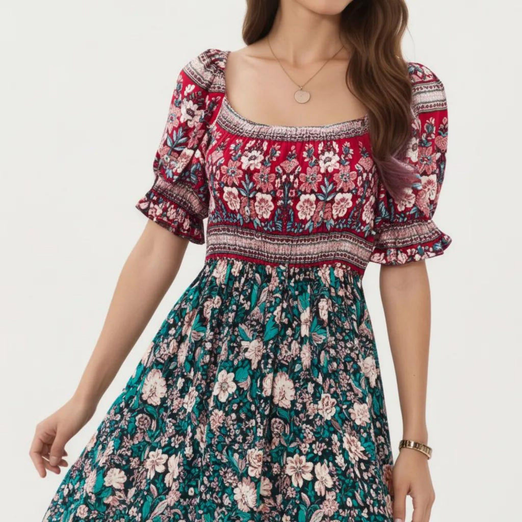 Anna-Kaci Women's Puff Sleeve Maxi Dress with Mixed Floral Print and Border Hem