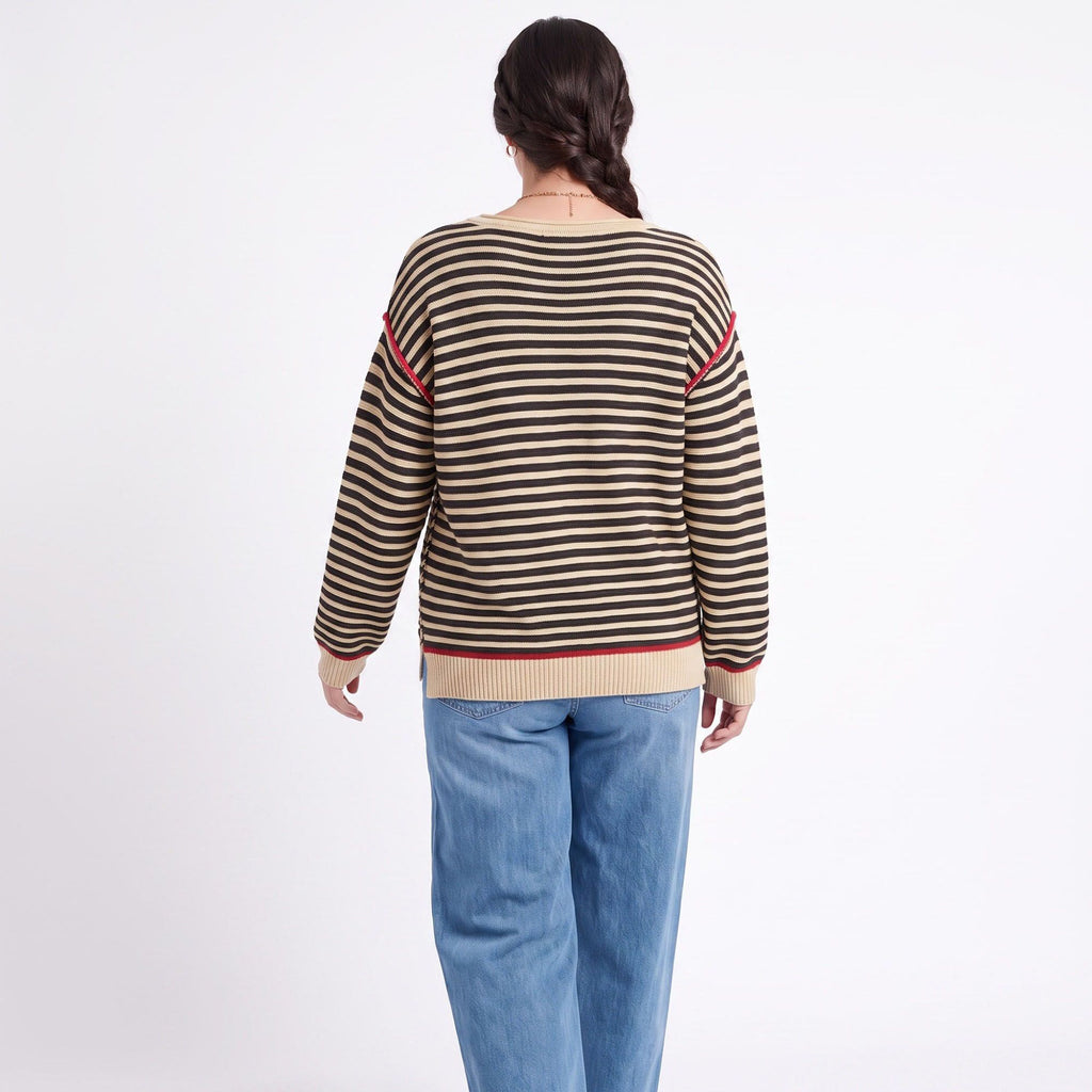 Striped Contrast Trim Drop Shoulder Long Sleeve Knit Sweater