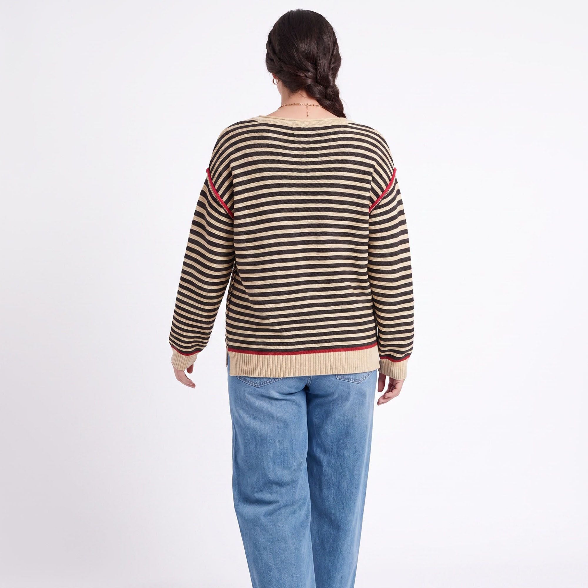Striped Contrast Trim Drop Shoulder Long Sleeve Knit Sweater