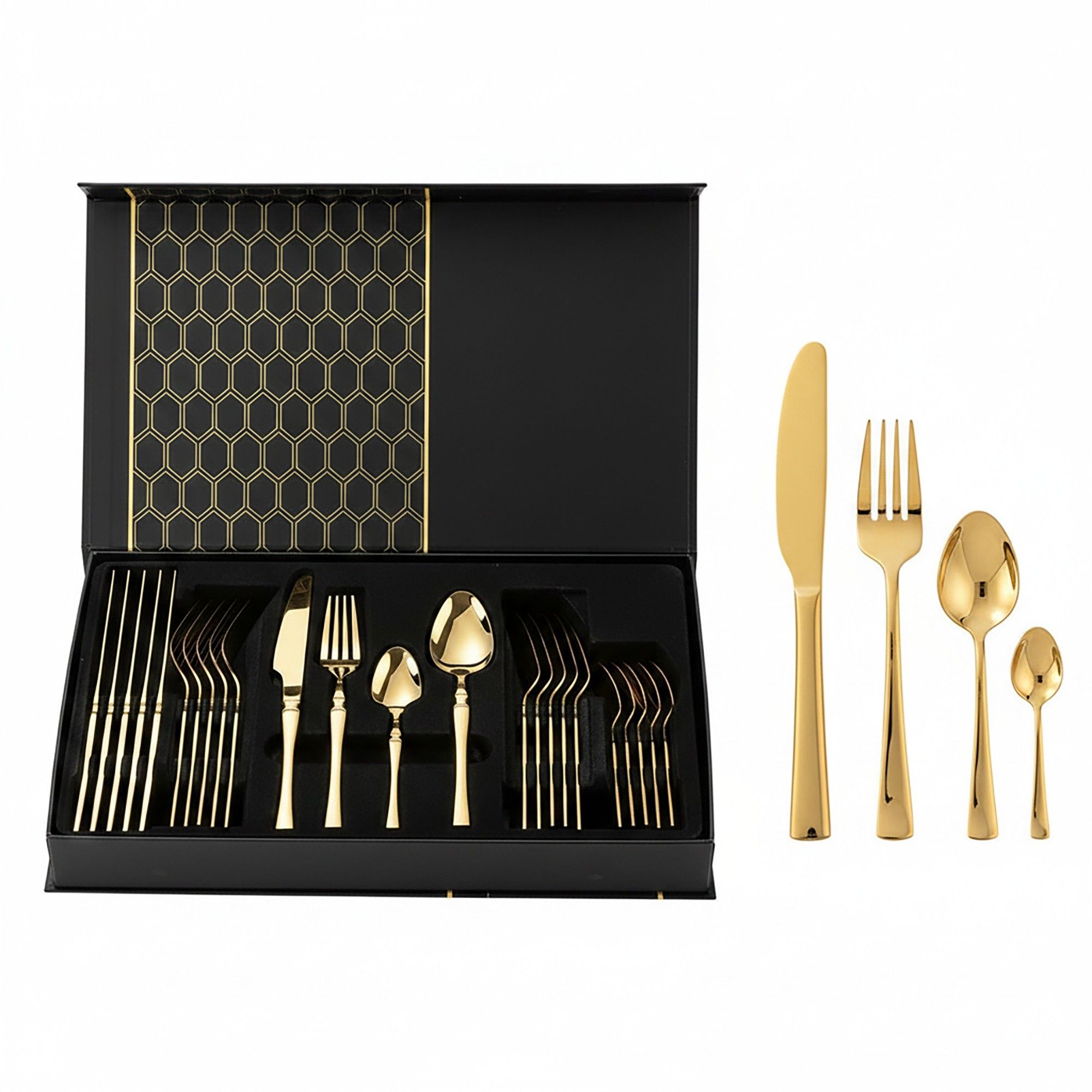 24 Piece Flatware Set Gold Tone Stainless Steel Cutlery Set Service for 6 Mirror Finish Utensil Set with Gift Storage Box