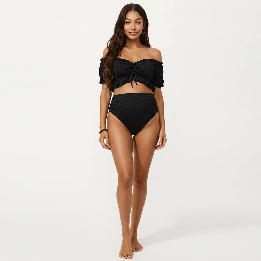 Anna-Kaci Swim Women's Maternity Off-Shoulder Ruffle Top with High-Waisted Bottom Bikini Set
