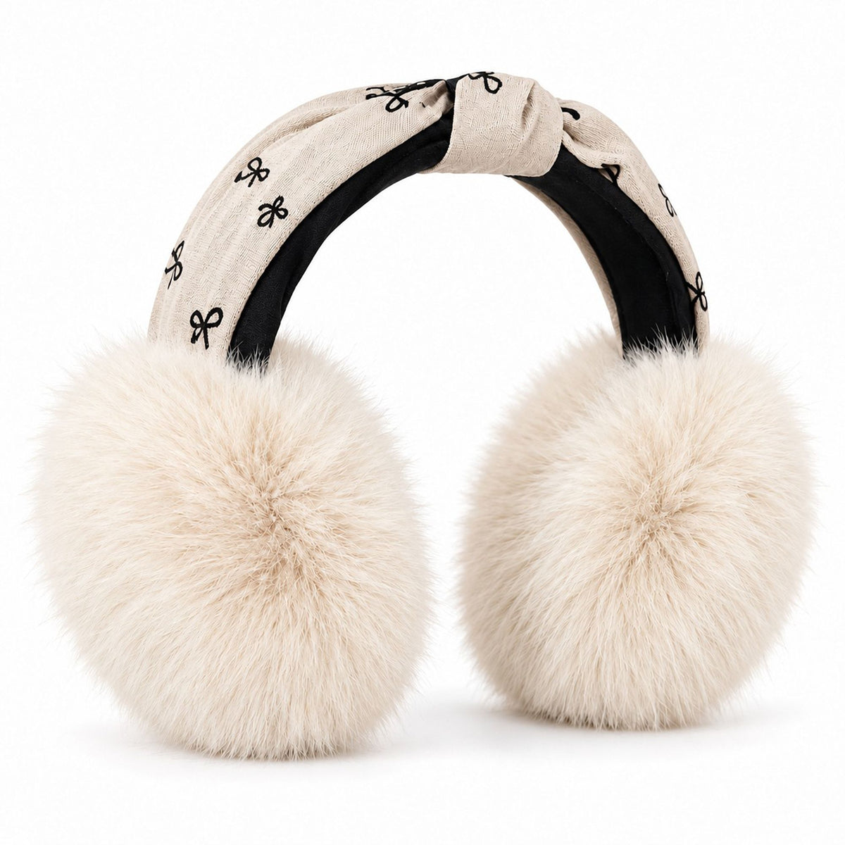 Plush Foldable Winter Earmuffs with Bow Print Knotted Headband