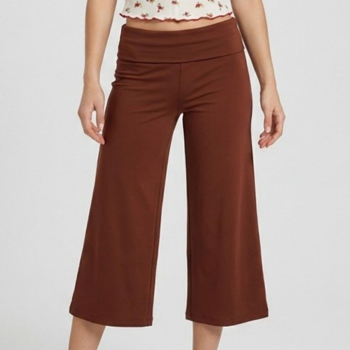 Foldover Waistband Cropped Wide-Leg Trousers
