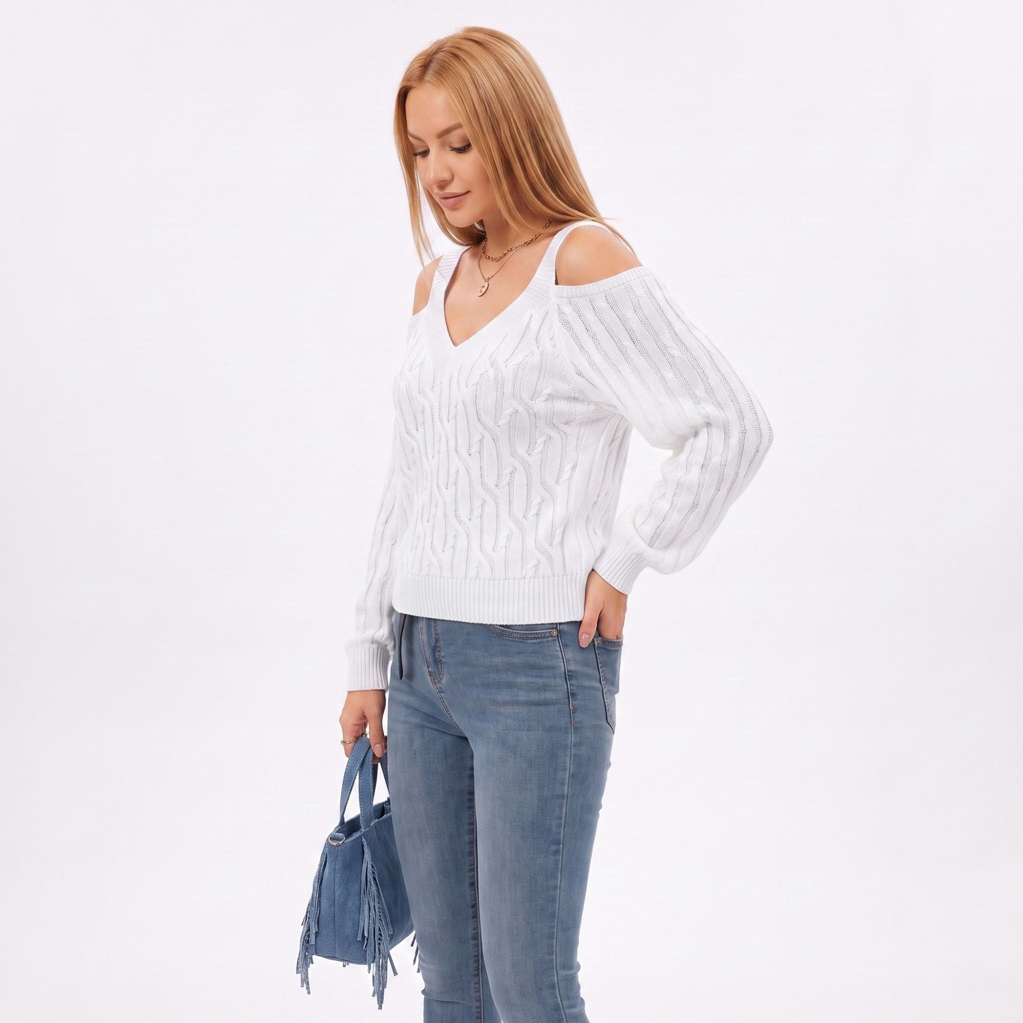 Cold Shoulder V Neck Cable Knit Long Sleeve Sweater