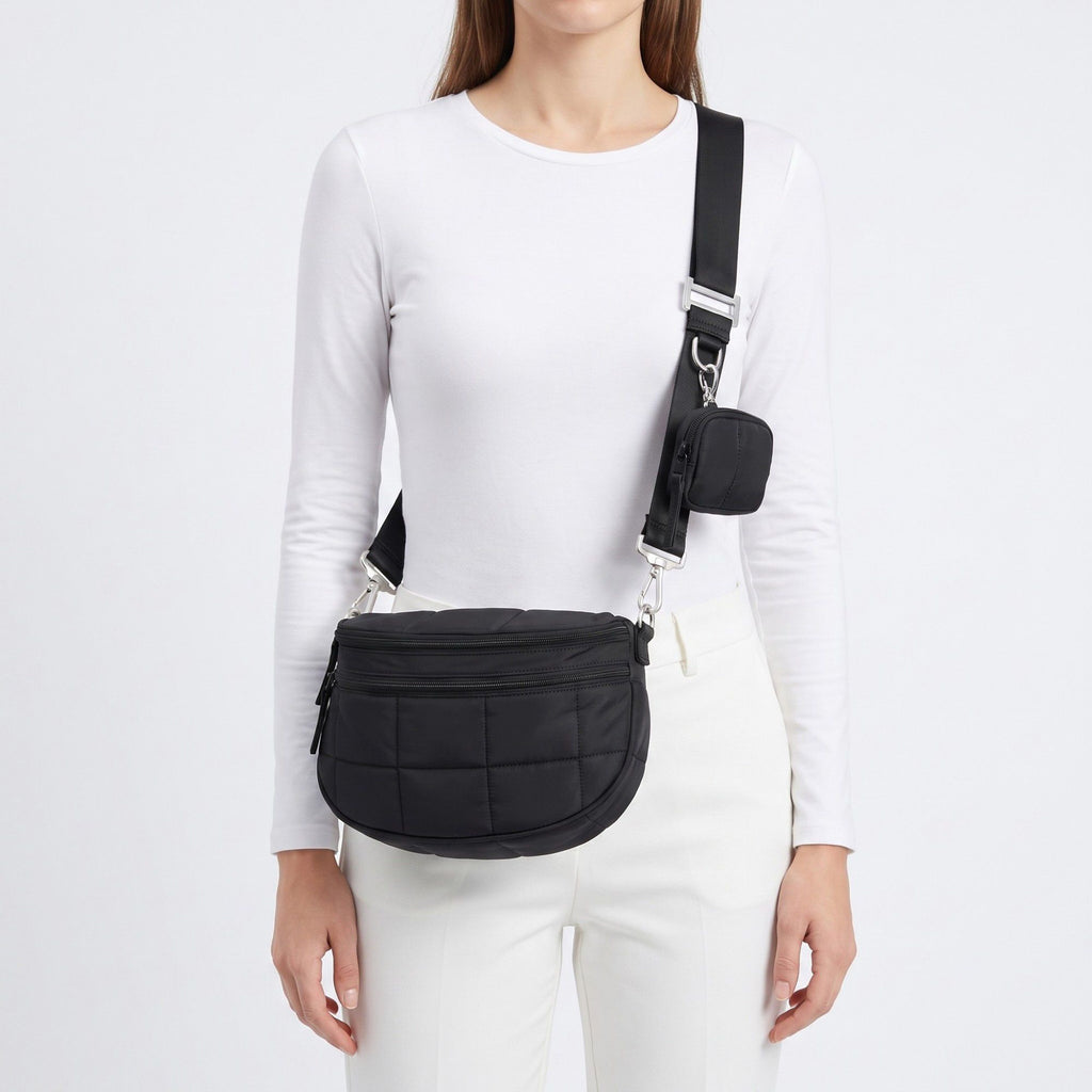 Grid Padded Saddle Crossbody Bag with Detachable Mini Pouch and Adjustable Wide Shoulder Strap 10.2x4.5x8.3in