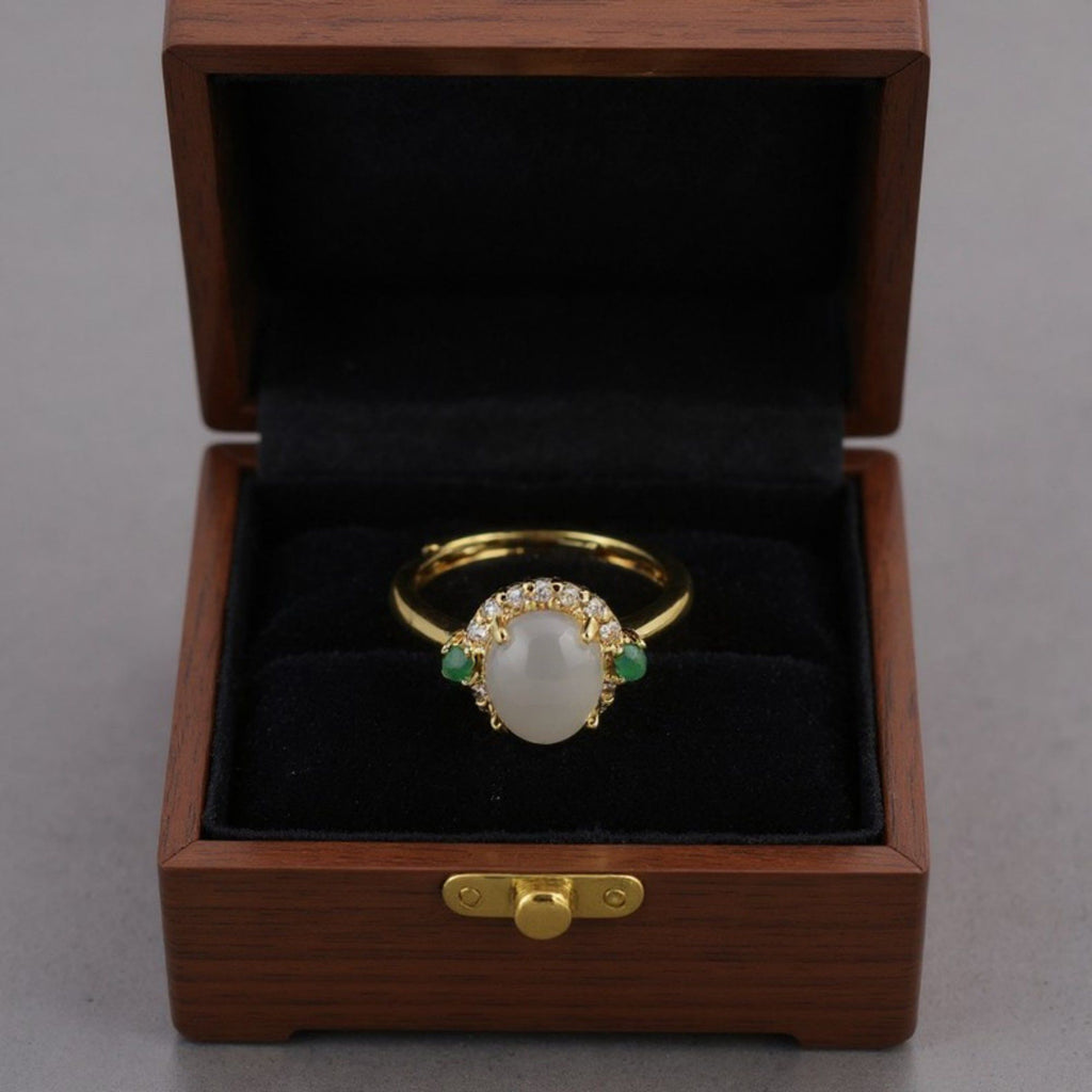 Women's White Jade Ring with Crystal Halo and Green Gemstone Accents