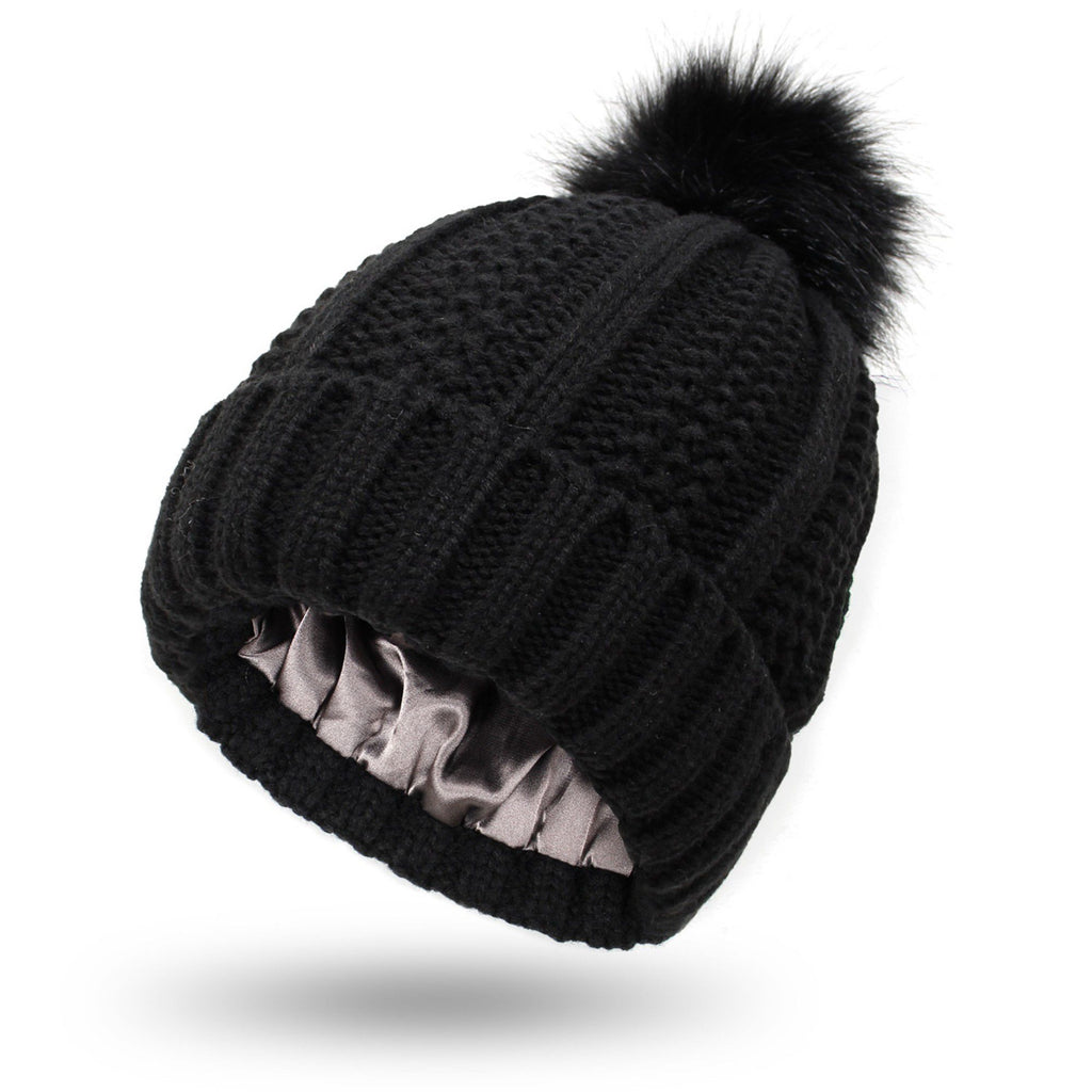 Anna-Kaci Women's Soft Knit Winter Beanie Hat with Satin-Lined Interior Ribbed Texture and Fluffy Pom Detail