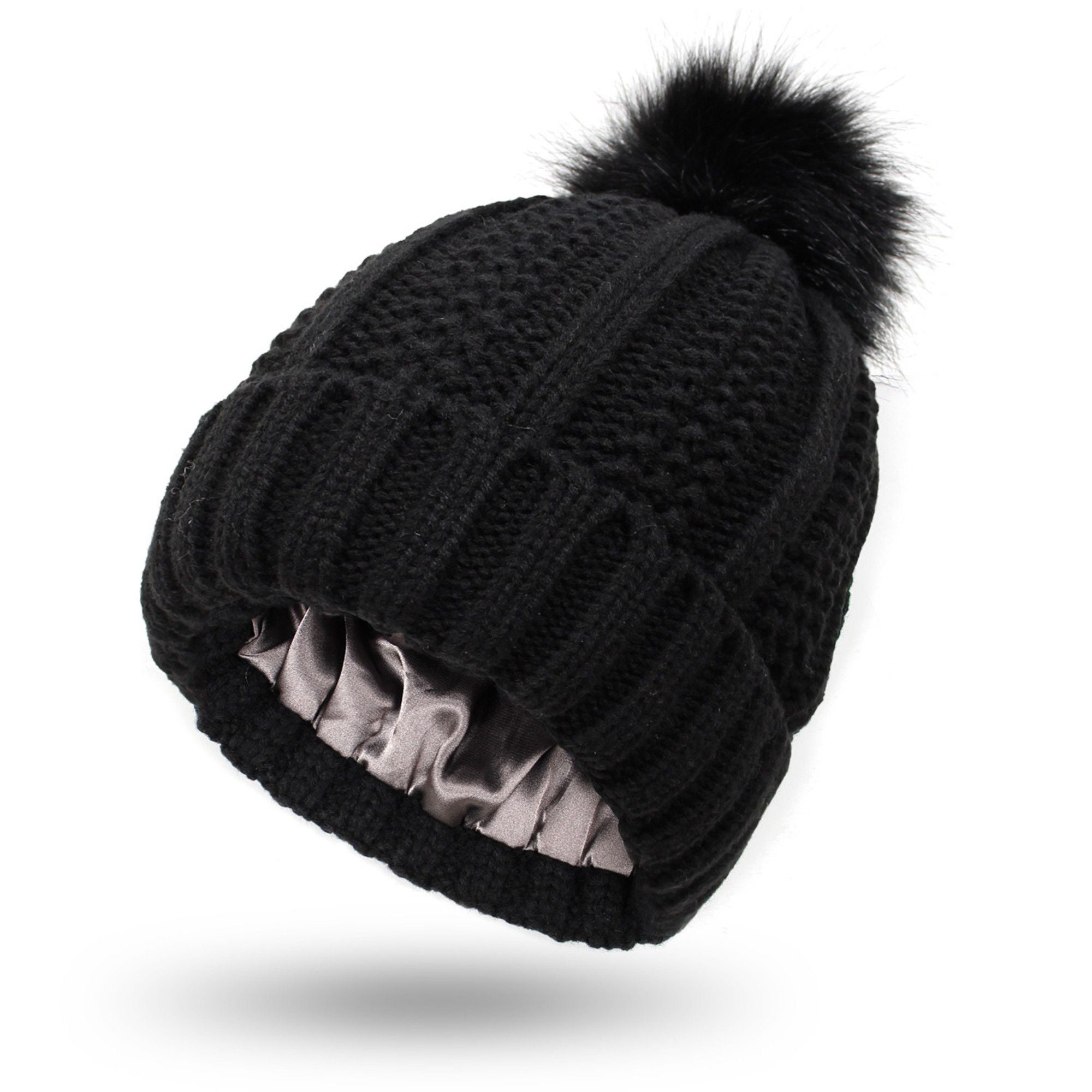 Anna-Kaci Women's Soft Knit Winter Beanie Hat with Satin-Lined Interior Ribbed Texture and Fluffy Pom Detail