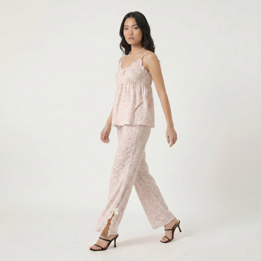2-Piece Floral Ruffle Cami Top and Wide Leg Pants Sleepwear Lounge Set with Bow Detail and Relaxed Fit