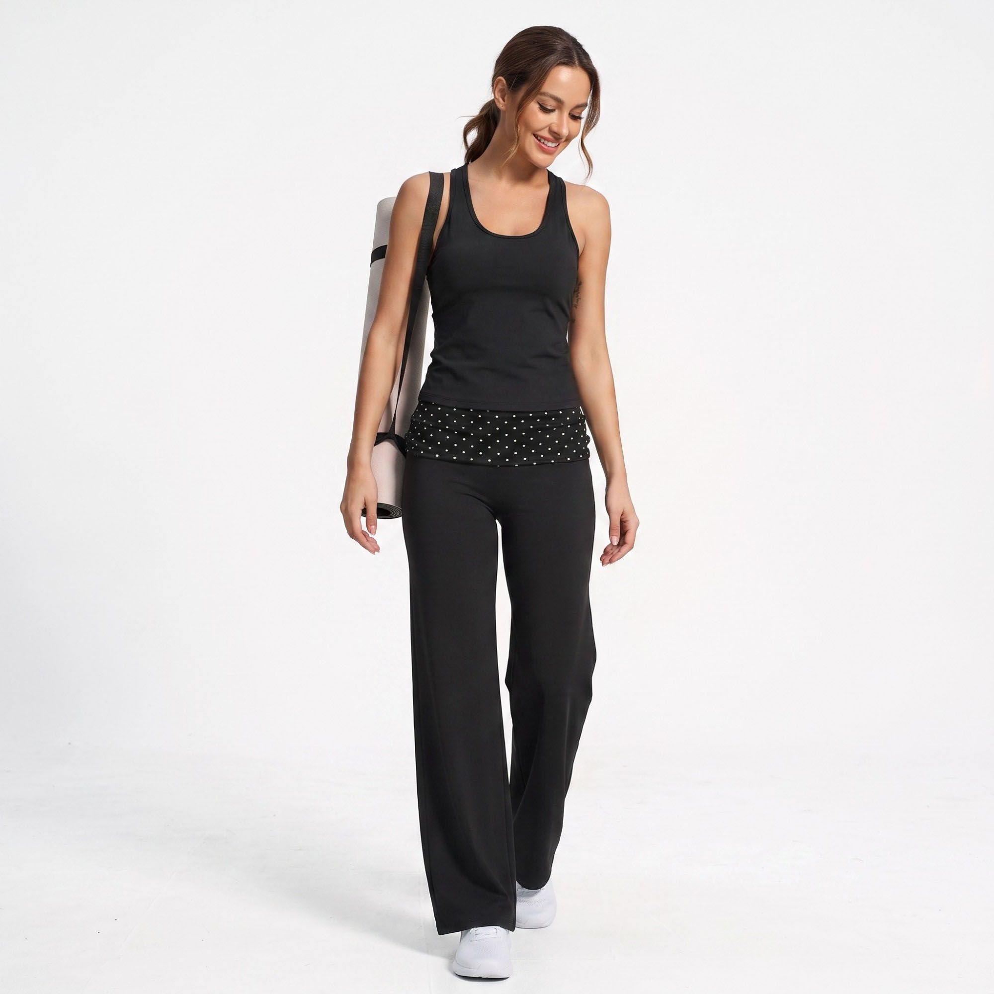 Polka Dot Foldover Waist Wide Leg Yoga Pants Full Length Flowy Workout Trousers