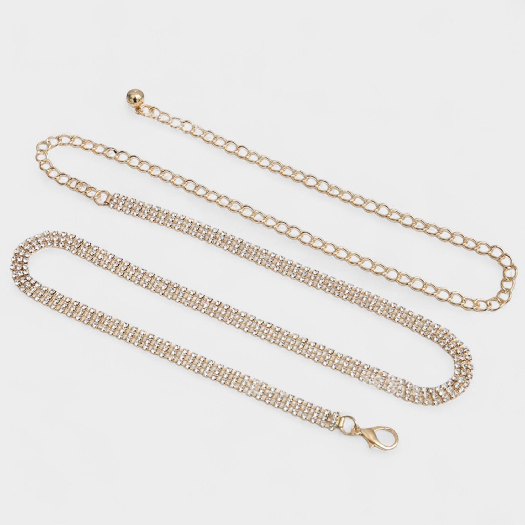 Anna-Kaci Women's Rhinestone Chain Belt with Adjustable Link Closure and Dangle Accent 45.5x1.2in