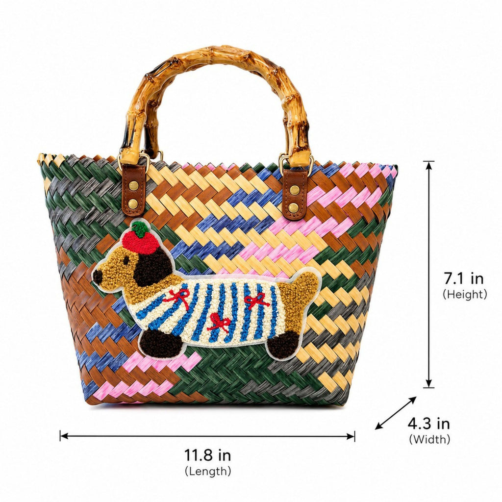 Woven Bamboo Handle Tote Handbag with Whimsical Dachshund Applique, Structured Shape and Roomy Interior